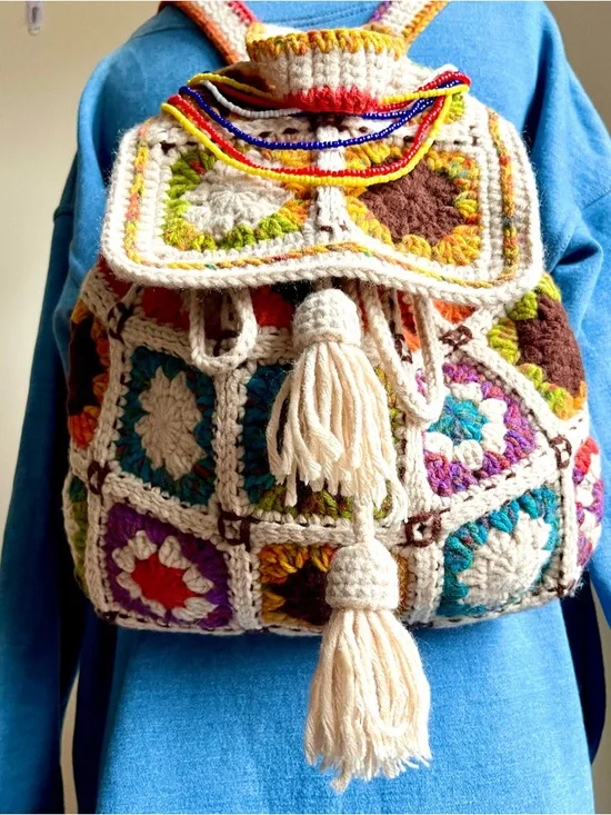 Handcrafted Cream Multicolor Crochet Backpack - Picture 8 of 8